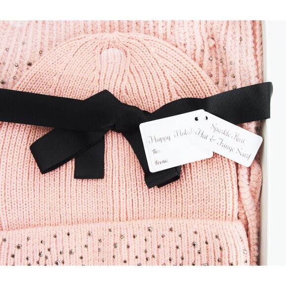 New! K.I.T Collection Blush Crystal Stud Fringed Scarf & Hat Set with Gift Box - Picture 3 of 4